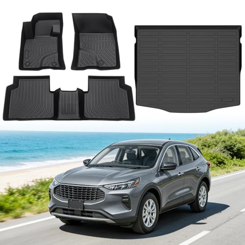 Floor Mats for Ford Escape 2020-2026 (Not for Hybrid), Custom Fit Heavy Duty TPE All Weather Protection, Waterproof Non-Slip Black Car Liners for Front & Rear (Two-Row Floor Mats & Cargo Liner) - style: 06) For Ford Escape Fuel | 2020-2026 | 1st & 2nd Flo