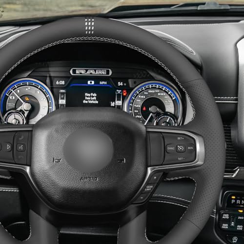 MEWANT DIY Hand Stitch Black Artificial Leather Steering Wheel Cover for Dodge Ram 1500 Laramie Big Horn 2019-2021 - color: Black Artificial Leather&White Stripe&White Thread