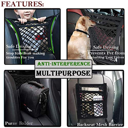 DYKESON Pet Barrier Dog Car Net Barrier with Auto Safety Mesh Organizer Baby Stretchable Storage Bag Universal for Cars, SUVs -Easy Install,Safer to Drive with Pets and Children, 3 Layer M - size: 12.6 in× 15.5 in