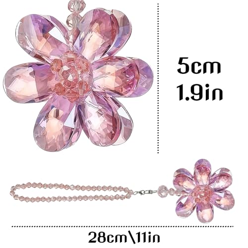 Pink Crystal Flower Car Charm for Women - Feng Shui Rearview Mirror Hanging Ornament - Crystal Bead Auto Interior Decor