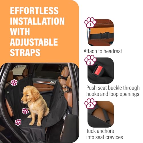 Waterproof Hammock Standard Car Seat Cover, Fits Sedans Hatchbacks Crossovers Coupes Compact Vehicles, Secure Convertible Travel Bed Protects Backseat Cargo from Dogs, Black w/Orange Trim