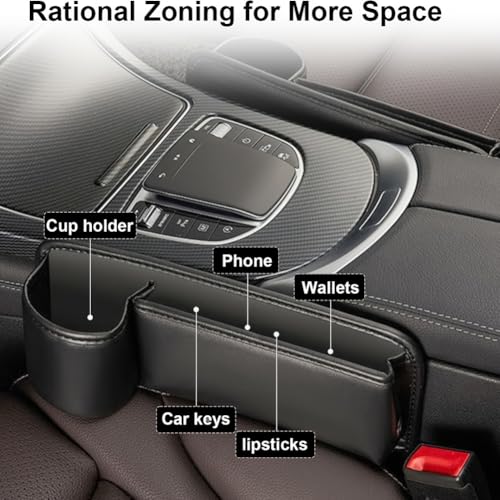 Car Seat Gap Filler Organizer with Cup Holders, Seat Gap Storage Box for Drinks, Phones, Keys, Sunglasses, Cards, and Small Essentials (Beige, Passenger Seat)