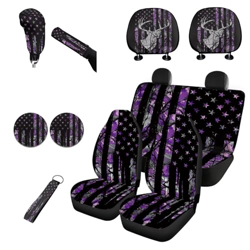 Horeset American Flag Car Seat Cover Full Set of 11pcs with Auto Seat Headrest Cover Lanyards Key Chain Cup Pad Gear Shift Knob Handbrake Sleeve Decor Hunting Forest Purple - color: American Flag Hunting Forest Purple