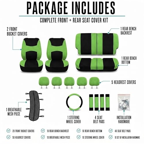 Automotive Seat Covers Green Universal Fit Combo Set with Steering Wheel Cover and Seat Belt Pad fits most Cars, SUVs, and Trucks (Airbag Compatible and Split Bench) FH Group FB030GREEN-COMBO - color: Green