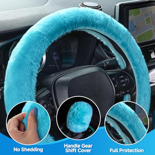 SEG Direct Furry Car Steering Wheel Cover with Gear Shift Cover, Soft and Warm, Cute Fluffy Auto Decor for Women Men, Standard Size, 2 PCS Set, Cyan - color: Cyan