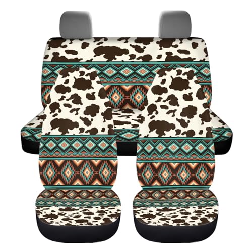 Dreaweet Aztec Cow Car Seat Covers Full Set for Women,Southwestern Car Accessories Interior,Native American Steering Wheel Cover with Center Console Cover,Seat Belt Pads,Car Coasters,Gear Shift Cover - color: Aztec Cow