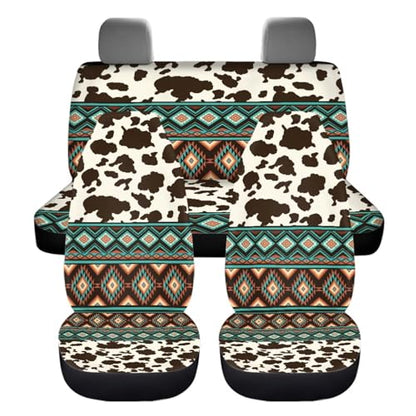 Dreaweet Aztec Cow Car Seat Covers Full Set for Women,Southwestern Car Accessories Interior,Native American Steering Wheel Cover with Center Console Cover,Seat Belt Pads,Car Coasters,Gear Shift Cover - color: Aztec Cow