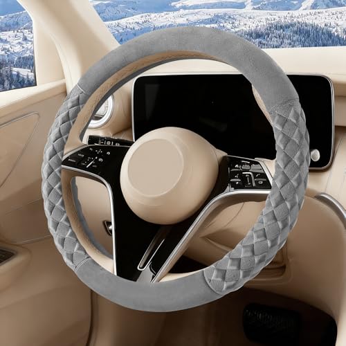 Premium Gray Diamond Patterned Plush Steering Wheel Cover, for Universal Auto Steering Wheel 14.5-15 in, Short Fluffy, Anti-Slip, Soft Plush, Comforting and Luxurious, Odorless, Soft Texture - color: Premium Gray