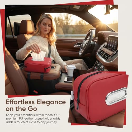 Compact Car Tissue Holder – Premium PU Leather Tissue Box, Fits 100 Sheets, Black Car Storage Organizer for Seat/Headrest/Center Console/Visor (Red) - color: Red