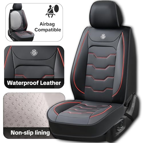 Car Seat Cover Full Set Sets, Universal Car Seat Covers for Cars, Premium Waterproof Leather, Protect & Upgrade Car Interior, Compatible with Airbags, Easy to Install & Clean Up - color: black & Red Edges