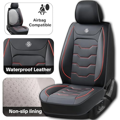 Car Seat Cover Full Set Sets, Universal Car Seat Covers for Cars, Premium Waterproof Leather, Protect & Upgrade Car Interior, Compatible with Airbags, Easy to Install & Clean Up - color: black & Red Edges