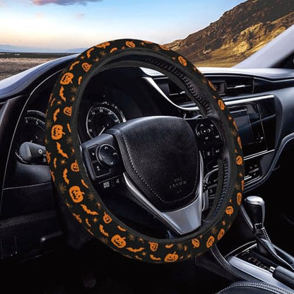 Halloween Pumpkin Bats Pattern Steering Wheel Cover for Women Men, Non-Slip Steering Wheel Protector Car Wheel Covers, Universal 15 Inch Fit for Auto, Suvs, Truck - color: Halloween Pumpkin Bats Pattern
