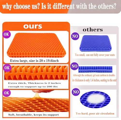 Plus Size Gel Seat Cushion for Long Sitting, Large and Thick, Breathable Support Seat Cushion for Back, Hip, Sciatica, Tailbone Pain Relief, Use for The Office, Wheelchair, Car, Recliner.(Orange)