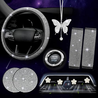 ARTILAURA 11 PCS Bling Car Accessories Set for Women Steering Wheel Covers Butterfly Hanging Seat Belt Cover Cute Air Vent Clips Coasters Glitter Diamond AUTO Interior kit (White) - color: White