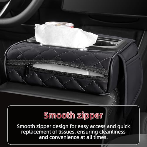 5 in 1 Car Center Console Cover, Armrest Pad with 2 Storage Pockets, Cup Holder, Tissue Slot, Phone Holder, Nappa Leather Memory Foam Car Accessories for SUV Sedan Truck (Black)