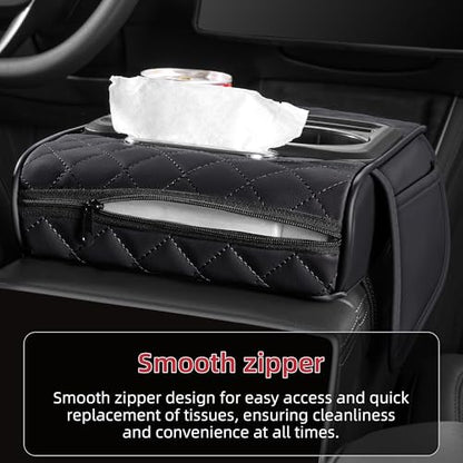 5 in 1 Car Center Console Cover, Armrest Pad with 2 Storage Pockets, Cup Holder, Tissue Slot, Phone Holder, Nappa Leather Memory Foam Car Accessories for SUV Sedan Truck (Black)