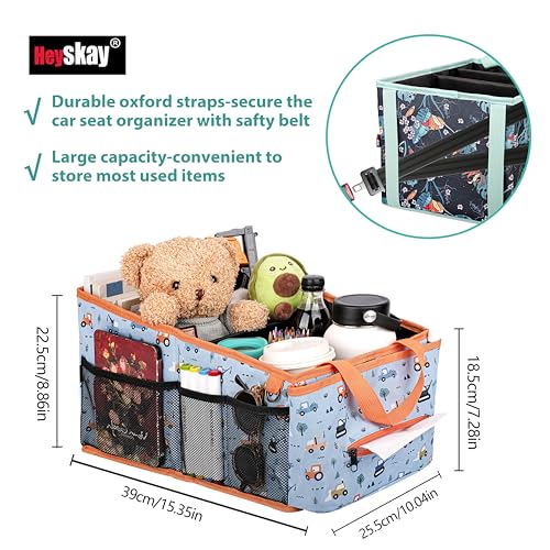 HEYSKAY Car Seat Organizer-Passenger Seat Organizer, Collapsible Small Car Seat Organizer for Console Front/Back, Car Seat Caddy Organizer with 4pc Drink Holders Automotive Backseat Organizer for Kids - color: Car light blue
