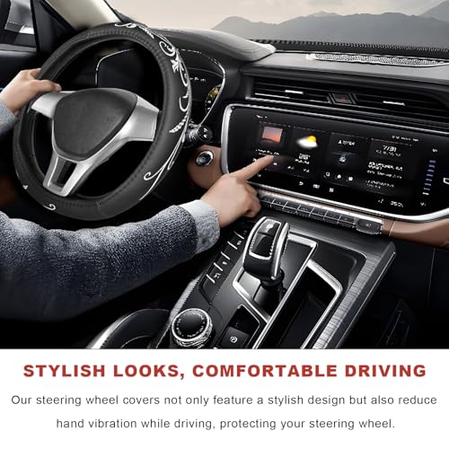 Car Steering Wheel Cover, 14.5-15 Inch Comfortable Anti-Slip Embroidery Auto Steering Wheel Protector, Breathable Leather Wheels Covers for Most Vehicles, Car Accessories (Black & White)