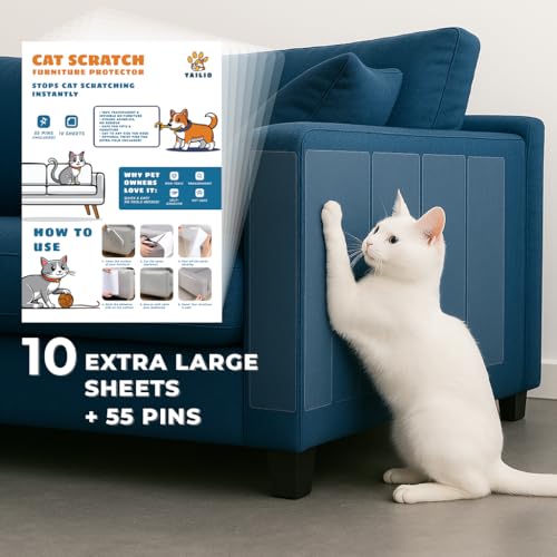 Large Cat Scratch Furniture Protector, 10 Pcs Transparent Couch Protector from Cat Claws, Single-Sided Self-Adhesive Anti-Pet Deterrent Sofa Protector with 55 Pins for Walls & Doors, 17IN