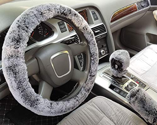 3Pcs/Set Fashion Faux Wool Fur Furry Steering Wheel Cover,Short Hair Soft Fluffy Handbrake Cover,Gear Shift Cover,Universal Thickening Fuzzy Warm Non-Slip Auto Interior (Automatic,Black Grey) - color: black grey, size: Automatic