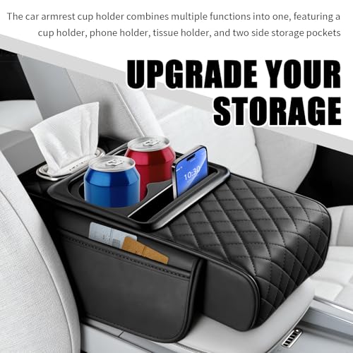 5-in-1 Car Center Console Cover,Leather Car Armrest Cover with Cup Holder/Storage Pocket/Phone Holder/Cars Tissue Holders,Thickened Cars Armrest Storage Box for Relieving Elbow Fatigue (Black) - color: Black