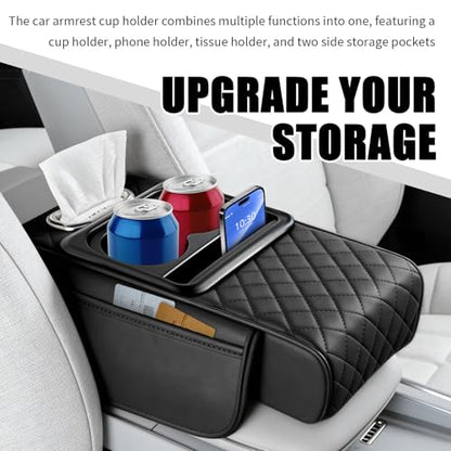 5-in-1 Car Center Console Cover,Leather Car Armrest Cover with Cup Holder/Storage Pocket/Phone Holder/Cars Tissue Holders,Thickened Cars Armrest Storage Box for Relieving Elbow Fatigue (Black) - color: Black