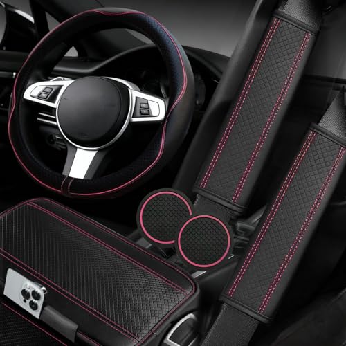 NBTEPEM 6 PCS Car Steering Wheel Cover Set, Microfiber Leather Steering Wheel Covers Universal 14.5-15 inch, Center Console Cover, Seat Belt Cushion, Cup Holder Coaster, Car Accessories Set Pink - color: Black with pink, size: Steering Wheel Cover Set