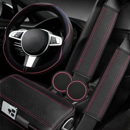 NBTEPEM 6 PCS Car Steering Wheel Cover Set, Microfiber Leather Steering Wheel Covers Universal 14.5-15 inch, Center Console Cover, Seat Belt Cushion, Cup Holder Coaster, Car Accessories Set Pink - color: Black with pink, size: Steering Wheel Cover Set