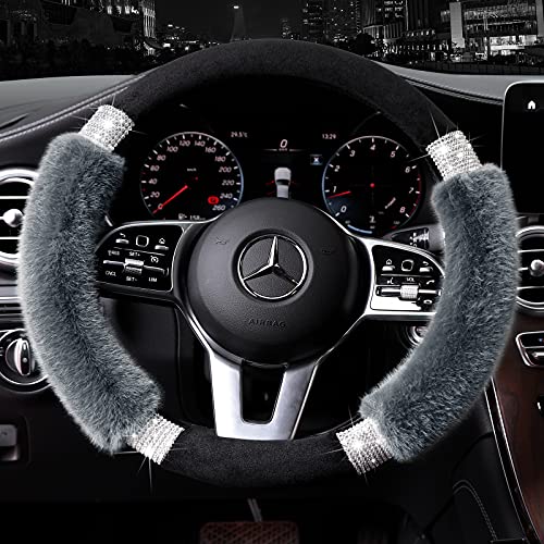 Achiou Rhinestone Fluffy Steering Wheel Cover - Comfortable Non-Slip Luxury Faux Wool, Universal Fit for 14.5" to 15" Steering Wheels - color: Black and Gray