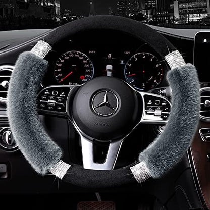 Achiou Rhinestone Fluffy Steering Wheel Cover - Comfortable Non-Slip Luxury Faux Wool, Universal Fit for 14.5" to 15" Steering Wheels - color: Black and Gray