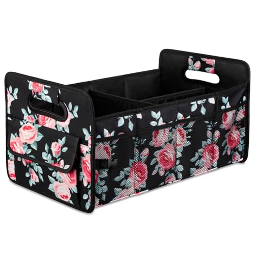 Car Trunk Organizers and Storage Collapsible Multi Compartment Container Box, Adjustable Car Accessories for SUV Sedan Truck, Standard Size, Black Floral - color: Black Floral, size: Standard