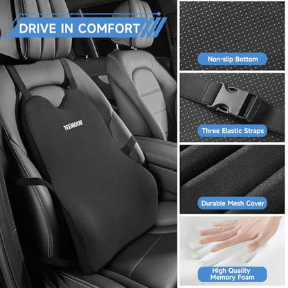 Teemour Lumbar Support Pillow for Car Seat, Memory Foam Back Support Pillow with Adjustable Straps, Medium Soft Car Back Cushion for Driving, Truck, SUV, Office Chair, Black - size: Lumbar