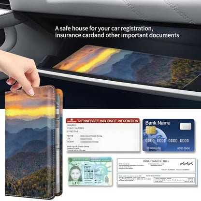 Premium Car Registration and Insurance Card Holder, Cute PU Leather Car Document Holder, Vehicle Glove Box Car Organizer with Magnetic Closure for Driver License, Cards Mountain