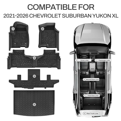 AUTOSAVER88 Floor Mats & Cargo Liners Fit for Chevrolet Suburban/GMC Yukon XL 7 Seater with Bucket Seats 2021-2025 2026, TPE All Weather Custom 1st & 2nd & 3rd Row Mats Floor Liners Car Mats Full Set - style: 21-26 Suburban/Yukon XL Full Set 7 Seater