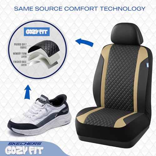 Skechers Seat Covers Contour Foam Cozy Fit,Leather Car Seat Covers, Car Seat Covers Front Seats Airbag Compatible, Universal Automotive Comfort for Most Cars, Vans, Trucks, SUV,Beige - color: Black and Beige