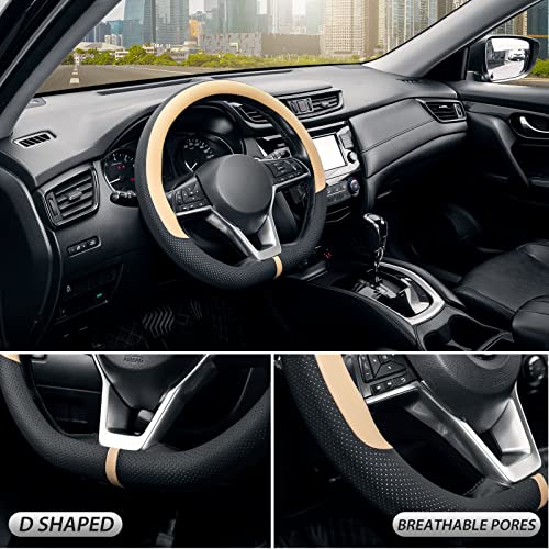 SEG Direct Flat Bottom Steering Wheel Cover Breathable, D Shaped Car Wheel Cover 14 1/2-15 in. (37-39 cm), Black Beige Microfiber Leather - color: 7. Beige, size: Standard size[14 1/2''-15'']