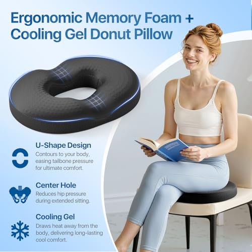 Donut Pillow Seat Cushion - Memory Foam Cooling Gel Lifting Cushion for Office & Home Chair, – Doctor Recommended Office Chair Cushion, Car Seat Cushion – Cushions for Back (Black)