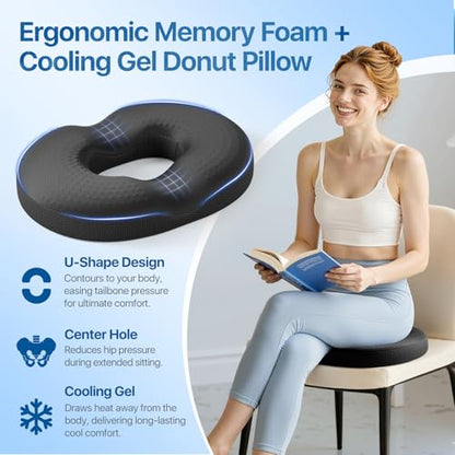 Donut Pillow Seat Cushion - Memory Foam Cooling Gel Lifting Cushion for Office & Home Chair, – Doctor Recommended Office Chair Cushion, Car Seat Cushion – Cushions for Back (Black)
