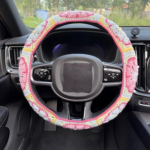 Handmade Crochet Pink Fower Granny Square Car Steering Wheel Covers Universal 14-15 inch for Women and Men (Steer Wheel Cover) - color: Steer Wheel Cover