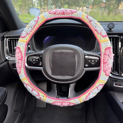 Handmade Crochet Pink Fower Granny Square Car Steering Wheel Covers Universal 14-15 inch for Women and Men (Steer Wheel Cover) - color: Steer Wheel Cover