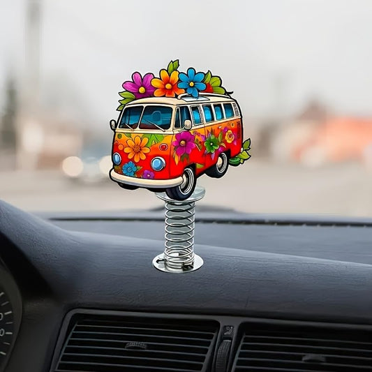 1pc Acrylic Floral Car Decoration - Colorful Spring Design with Vintage Van & Flower Power Art, Dashboard & Desktop Decor for Travel Lovers, Artistic Detailing, Vibrant Design