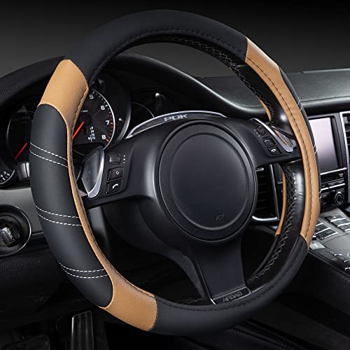 CAR PASS Line Rider Microfiber Leather Sporty 14.5-15 inch Steering Wheel Cover Universal Fits for 95% Truck,SUV,Cars, Anti-Slip Safety Comfortable Design (Black Beige) - color: Black＆Beige, size: Standard[14.5"-15"]