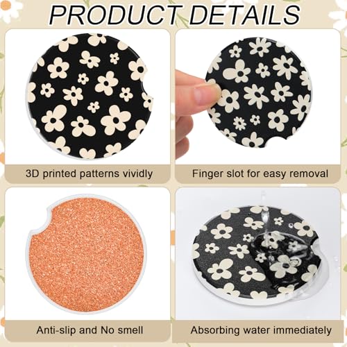 Boao 4 Pcs White Flower Car Cupholder Coasters for Valentine's Day, Ceramic Coasters 2.56'' Anti Slip Base with Finger Notch for Dry Clean, Car Interior Accessories, Birthday Gifts - style: White Flower