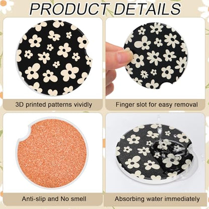 Boao 4 Pcs White Flower Car Cupholder Coasters for Valentine's Day, Ceramic Coasters 2.56'' Anti Slip Base with Finger Notch for Dry Clean, Car Interior Accessories, Birthday Gifts - style: White Flower