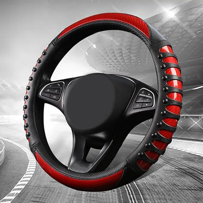 3D Massage Red Carbon Fiber Leather Steering Wheel Cover, 14.5-15 Inch Non-Slip Breathable Microfiber Car Steering Wheel Protector - color: 3D Massage - Sports Red