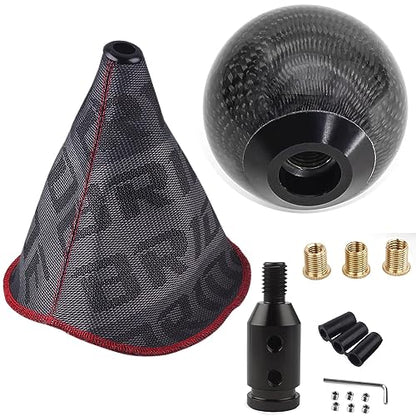 MUGE Racing Fabric Shift Boot with Round Ball Carbon Fiber Shift Knob,Universal Shift Boot Cover with Weighted Shift Knob (Style 1)