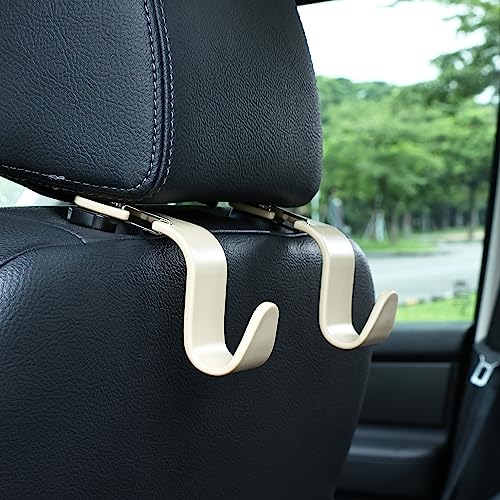 4-Pack 360° Rotating Car Headrest Hooks Vehicle Storage Organizer for Purses Handbags Groceries Coats – Holds 55lbs Simple Design with Clip Beige - color: Beige