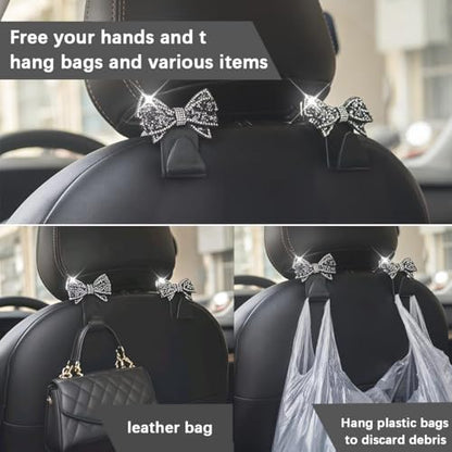 Bling Car Headreat Hook, 2PCS Crystal Rhinestone Cute Bow Vehicle Seat Back Hanger Storage for Purses Bags Grocery, Diamond Auto Rear Seat Organizer, Universal for SUV Truck Sedan (Light Blue) - style: Light Blue/4PCS