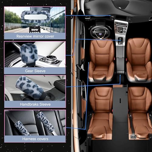19 Pcs Fluffy Car Accessories Set,Fluffy Plush Leopard Print Steering Wheel Covers,Plush Head Pillow,Pillowcase,Eyeglasses Clip,Car Accessories for Women. (Black&Grey)
