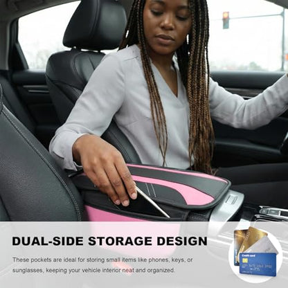 Car Center Console Cover, Leather Auto Arm Rest Protector Cushion with 2 Side Storage Bags, Universal Armrest Cushion Pad Middle Console Cover for SUVs Sedans Trucks (Pink) - color: Pink